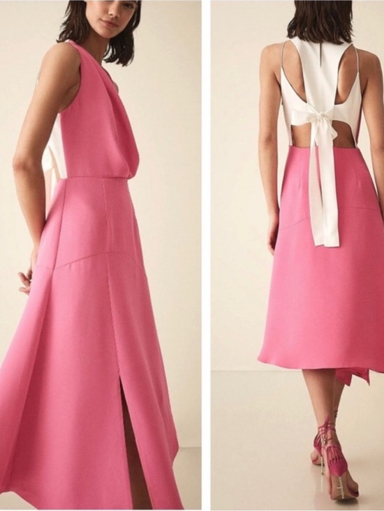 Reiss Dresses & Skirts - Reiss Pink and White Back-Tie Midi Dress with Front Slit